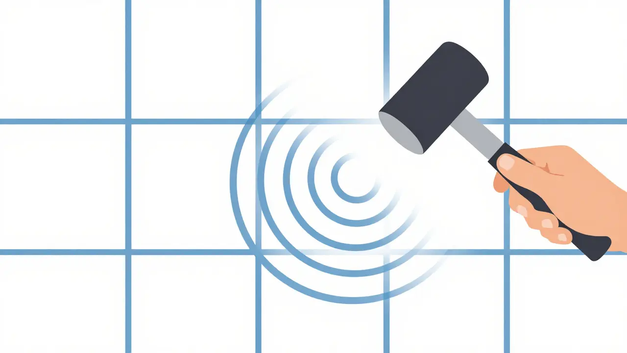 Простукивание плитки в ванной для поиска пустот в стиле плоского дизайна