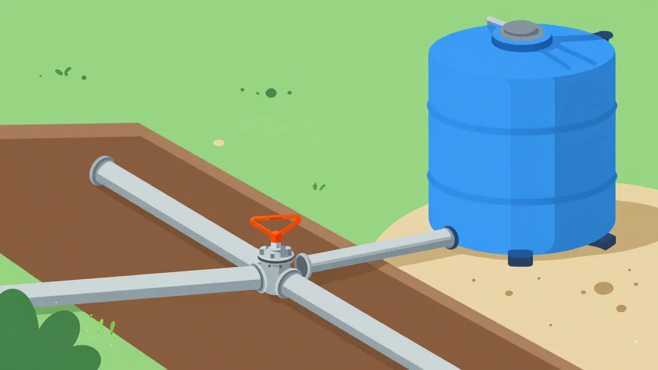 Схема установленной системы водоотвода с резервуаром для воды в стиле флэт