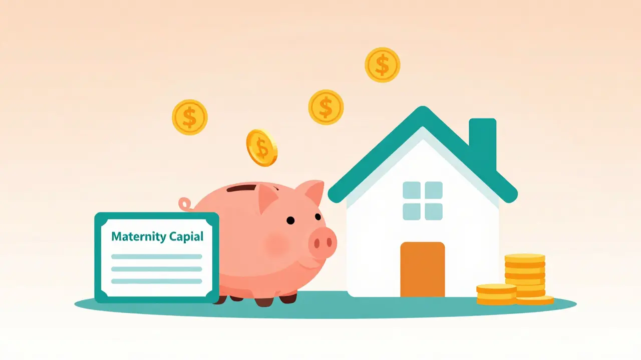 Символическое изображение первоначального взноса и материнского капитала для покупки дома.