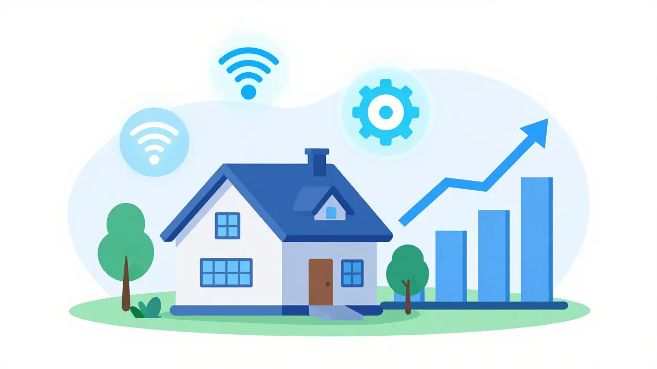 Современный дом с иконками умного дома и графиком роста доходности