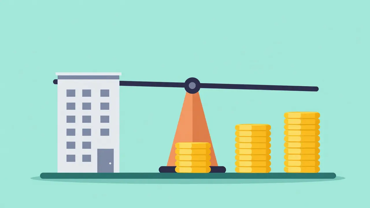 Стилизованные весы с домом и разными стопками монет для распределения платежей