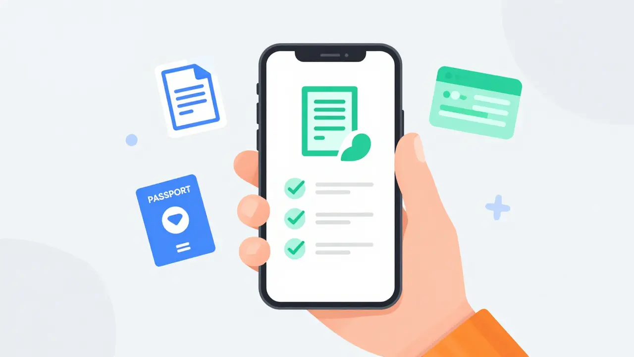 Мобильный телефон с иконками документов для оформления сертификата онлайн
