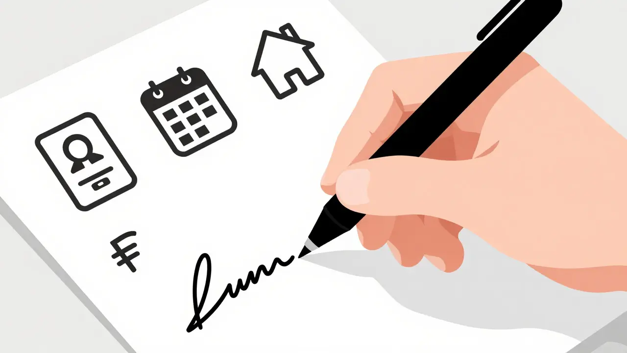 Рука пишет расписку от руки с иконками паспортных данных