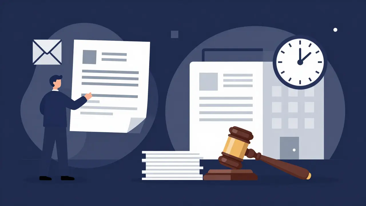 Flat design graphic showing the process of sending a claim and legal steps against a developer