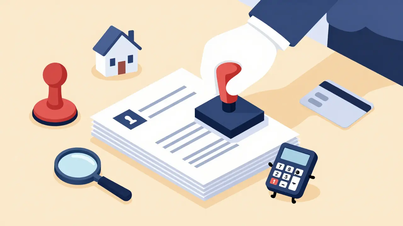 Flat illustration of official documents being stamped on a desk with cost-related icons