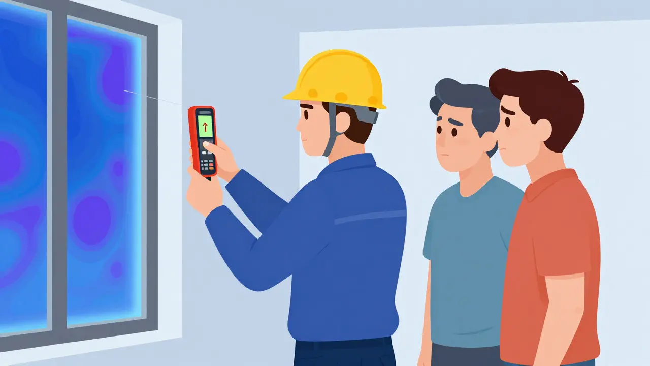 Illustration of an expert using tools to inspect walls and windows in a flat design style