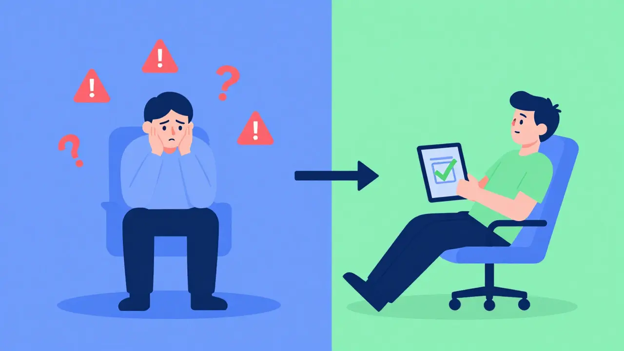 Split-screen cartoon comparing stressed taxpayer with relaxed user submitting digital forms